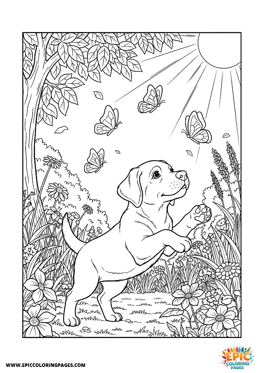 Labrador Retriever Dog Puppy Coloring Pages Manga Style Chasing Butterflies In The Garden A Labrador Retriever dog puppy coloring page manga style easy chasing butterflies in the garden.