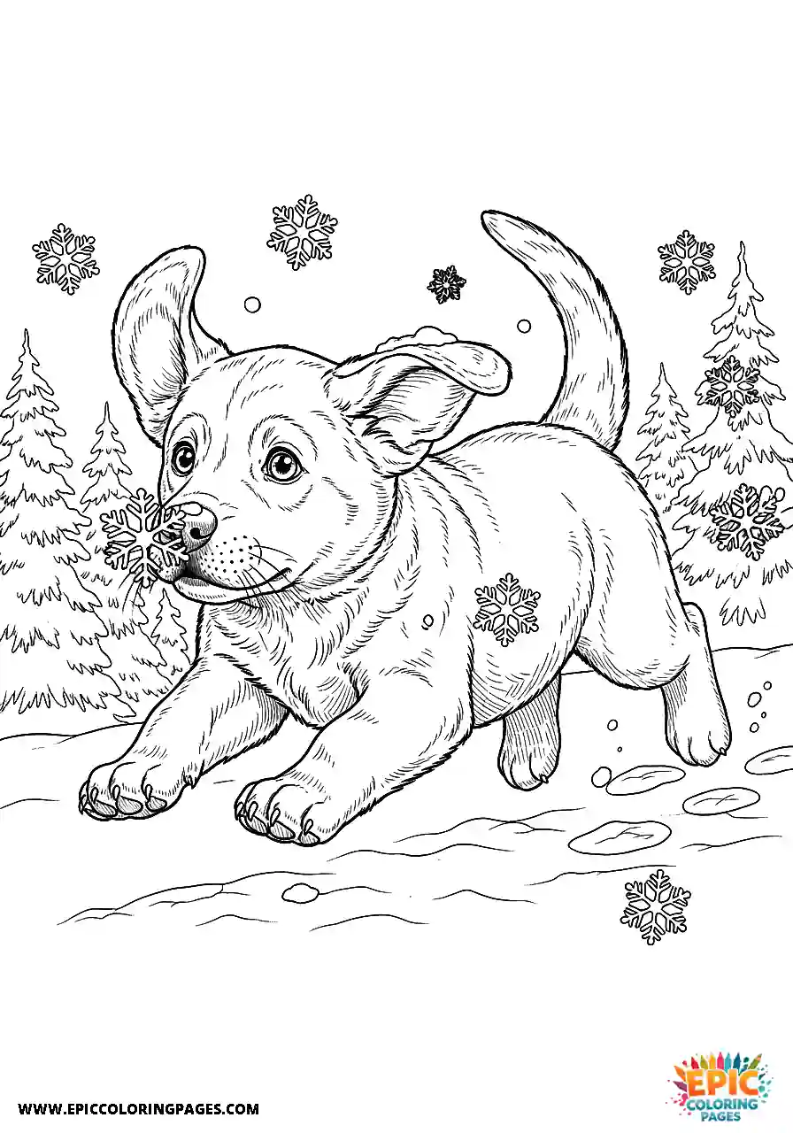 Labrador Retriever Dog Puppy Coloring Pages Manga Style Experiencing Its First Snow A Labrador Retriever dog puppy coloring page manga style experiencing its first snow with thick lines.