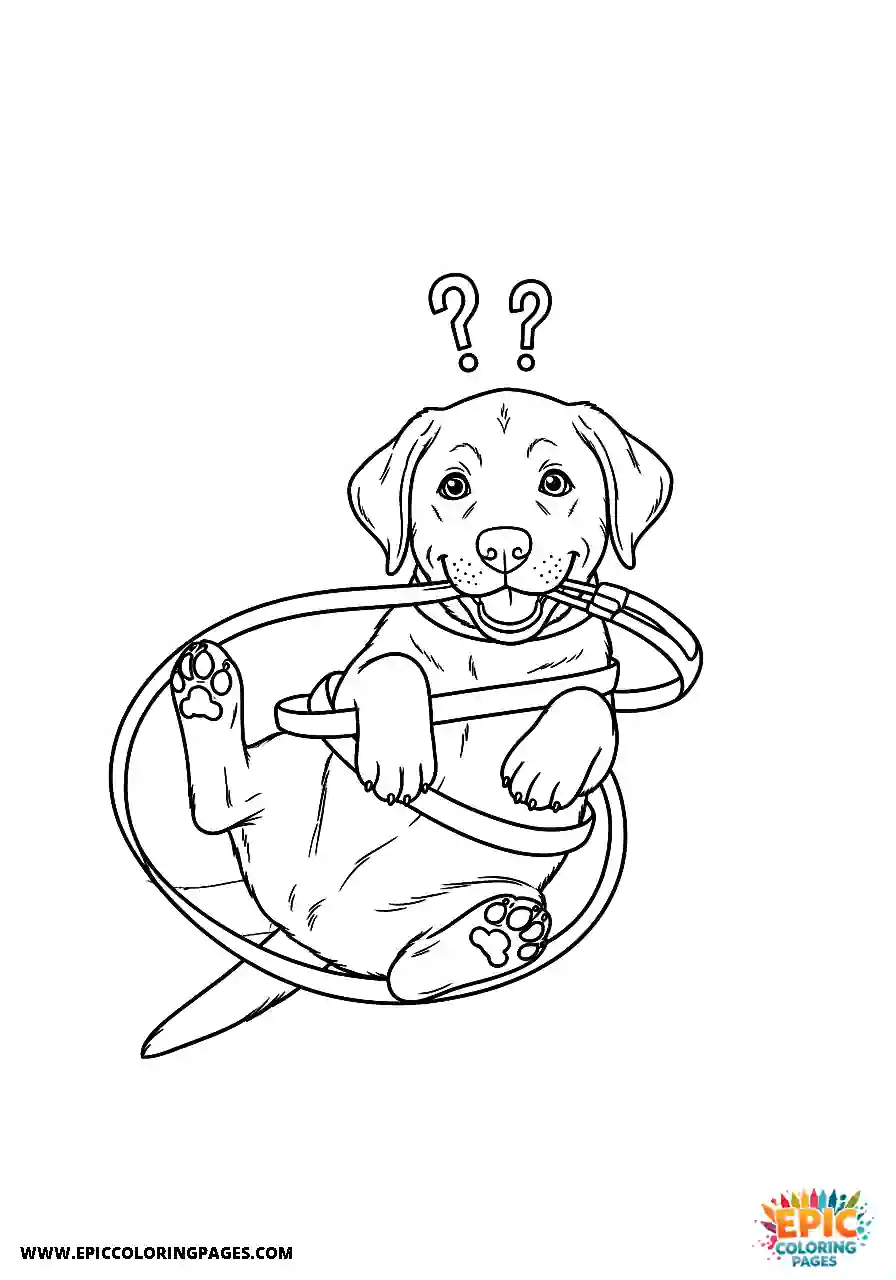 Labrador Retriever Dog Puppy Coloring Pages Manga Style Tangled In A Leash Playfully A Labrador Retriever dog puppy coloring page manga style cute tangled in a leash playfully.