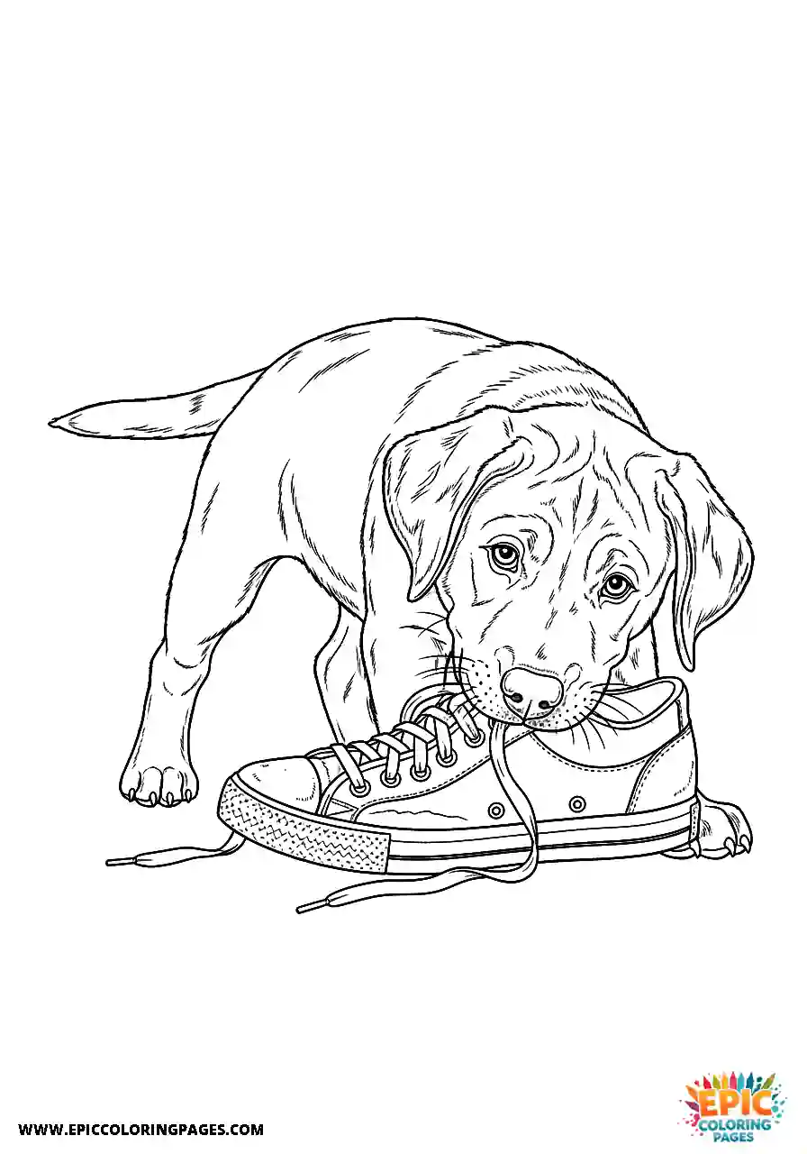 Labrador Retriever Dog Puppy Coloring Pages Realistic Style Chewing On A Shoe Mischievously A Labrador Retriever dog puppy coloring page realistic style for adults chewing on a shoe mischievously.