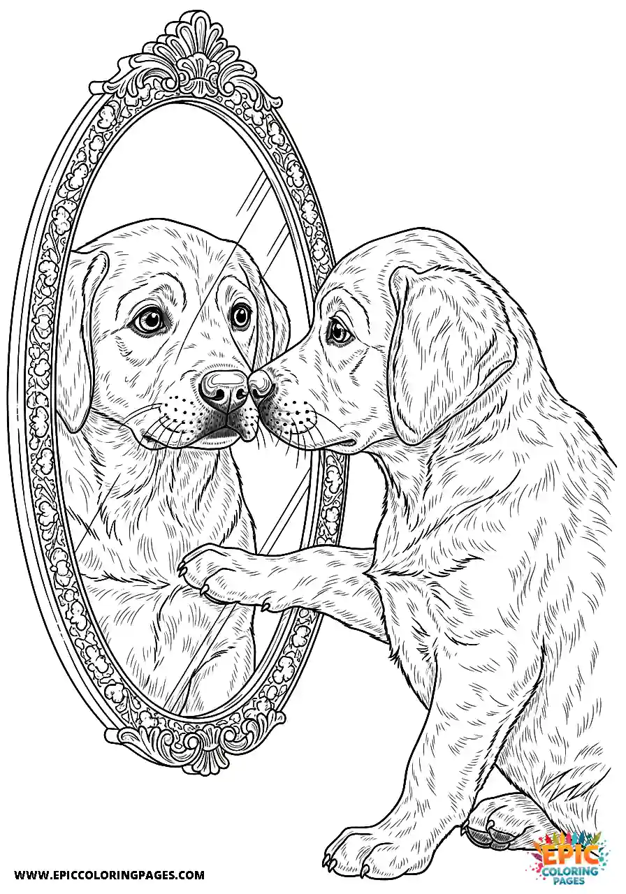Labrador Retriever Dog Puppy Coloring Pages Realistic Style Discovering Its Reflection In A Mirror A Labrador Retriever dog puppy coloring page realistic style discovering its reflection in a mirror.