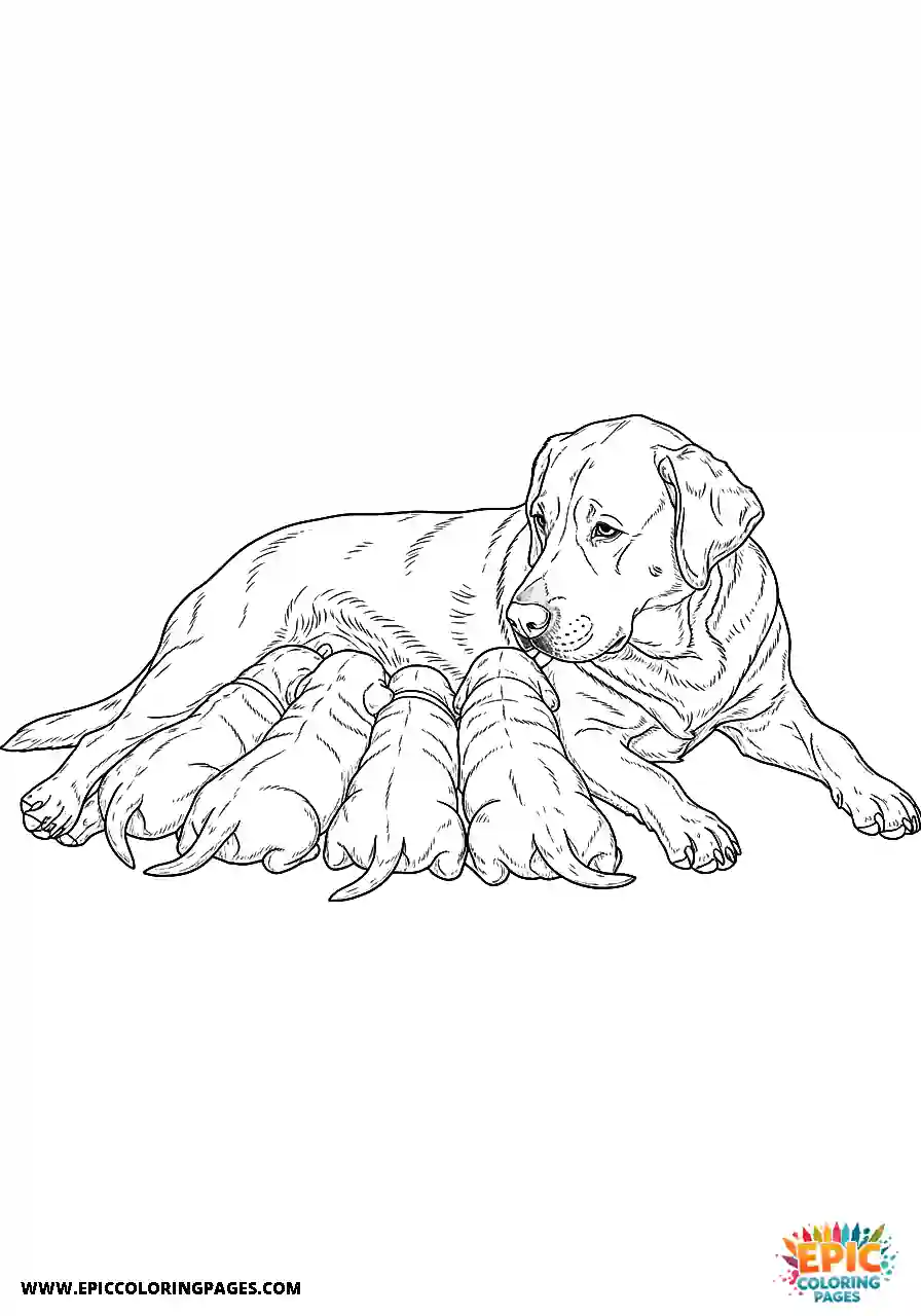 Labrador Retriever Dog Puppy Coloring Pages Realistic Style Nursing From Its Mother A Labrador Retriever dog puppy coloring page realistic style for adults nursing from its mother.