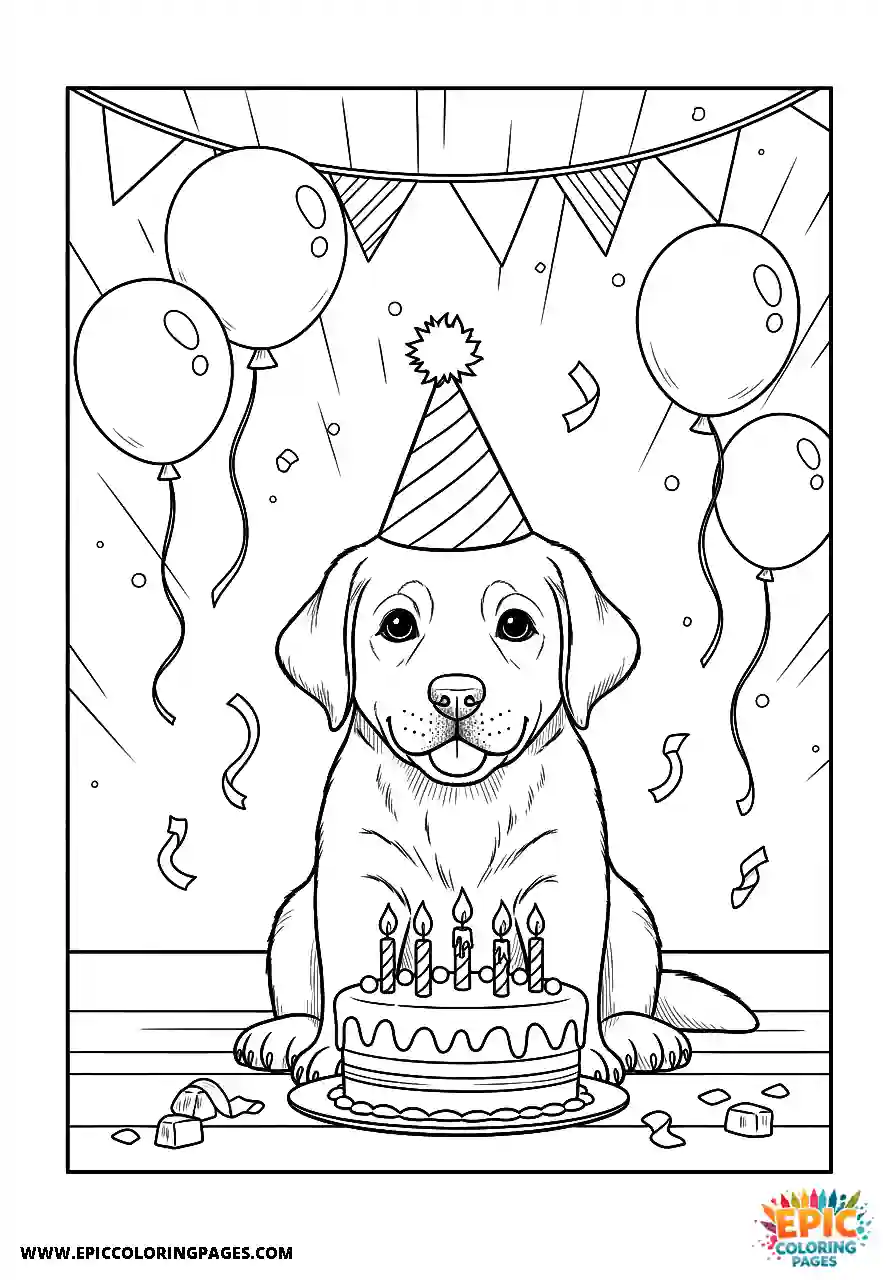 Labrador Retriever Dog Puppy Coloring Sheets Manga Style Celebrating A Birthday Party A Labrador Retriever dog puppy coloring sheet manga style for kids celebrating a birthday party.