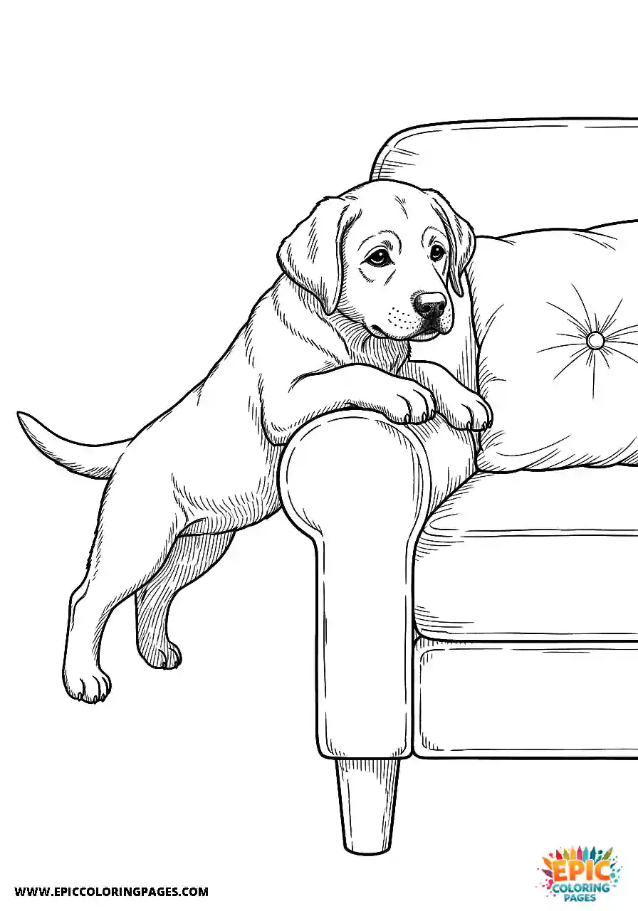Labrador Retriever Dog Puppy Coloring Sheets Manga Style Climbing On Furniture A Labrador Retriever dog puppy coloring sheet manga style simple climbing on furniture.