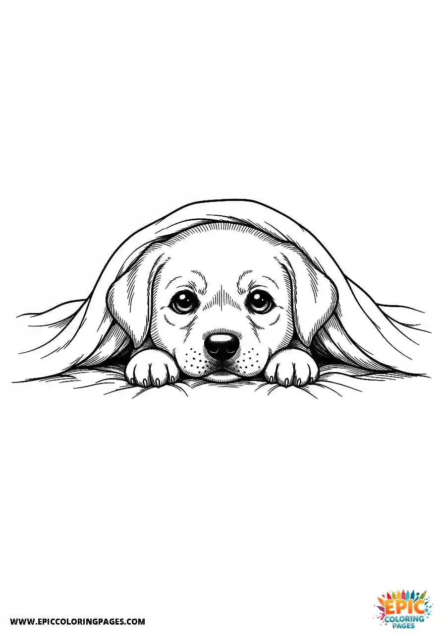 Labrador Retriever Dog Puppy Coloring Sheets Manga Style Hiding Under A Blanket A Labrador Retriever dog puppy coloring sheet manga style cute hiding under a blanket.
