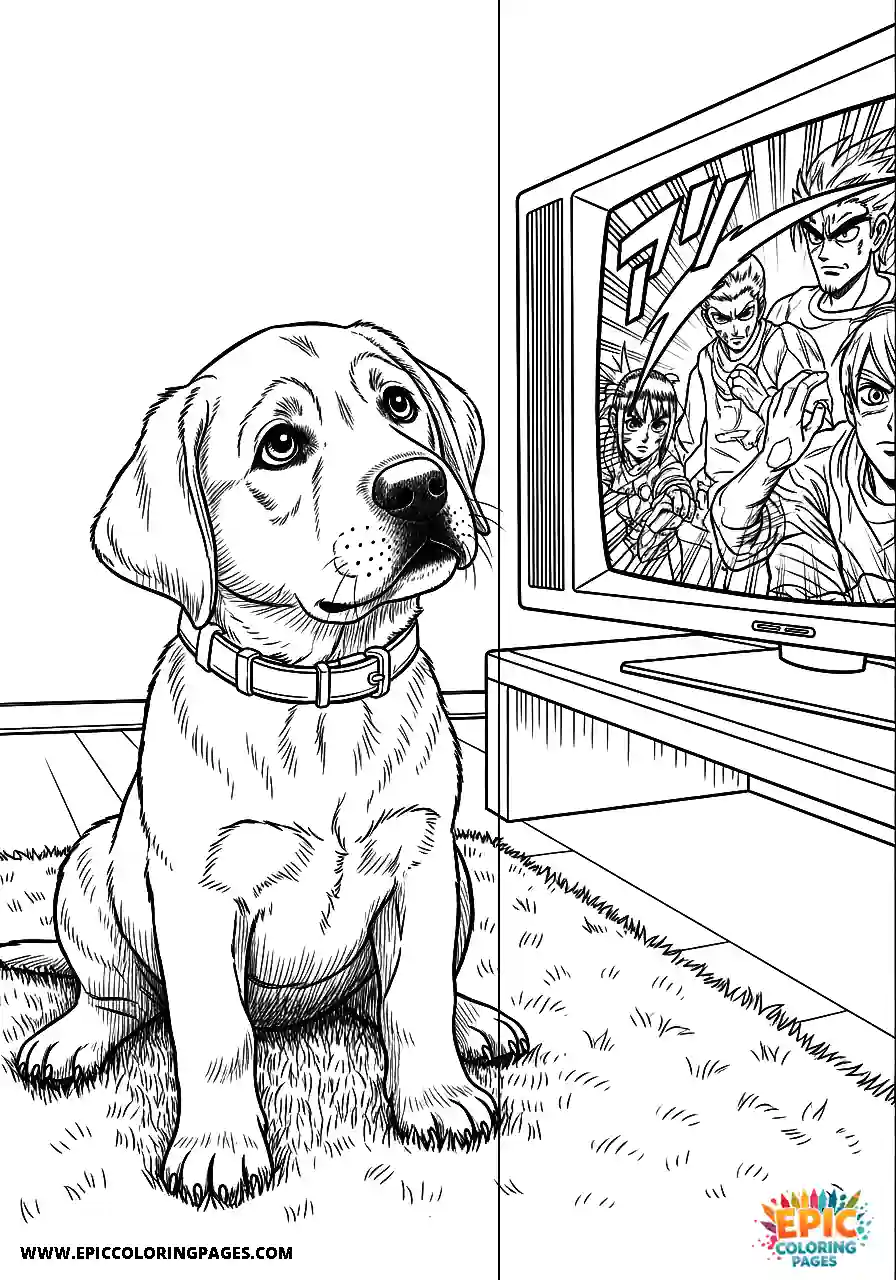 Labrador Retriever Dog Puppy Coloring Sheets Manga Style Watching Tv Curiously A Labrador Retriever dog puppy coloring sheet manga style simple watching TV curiously.