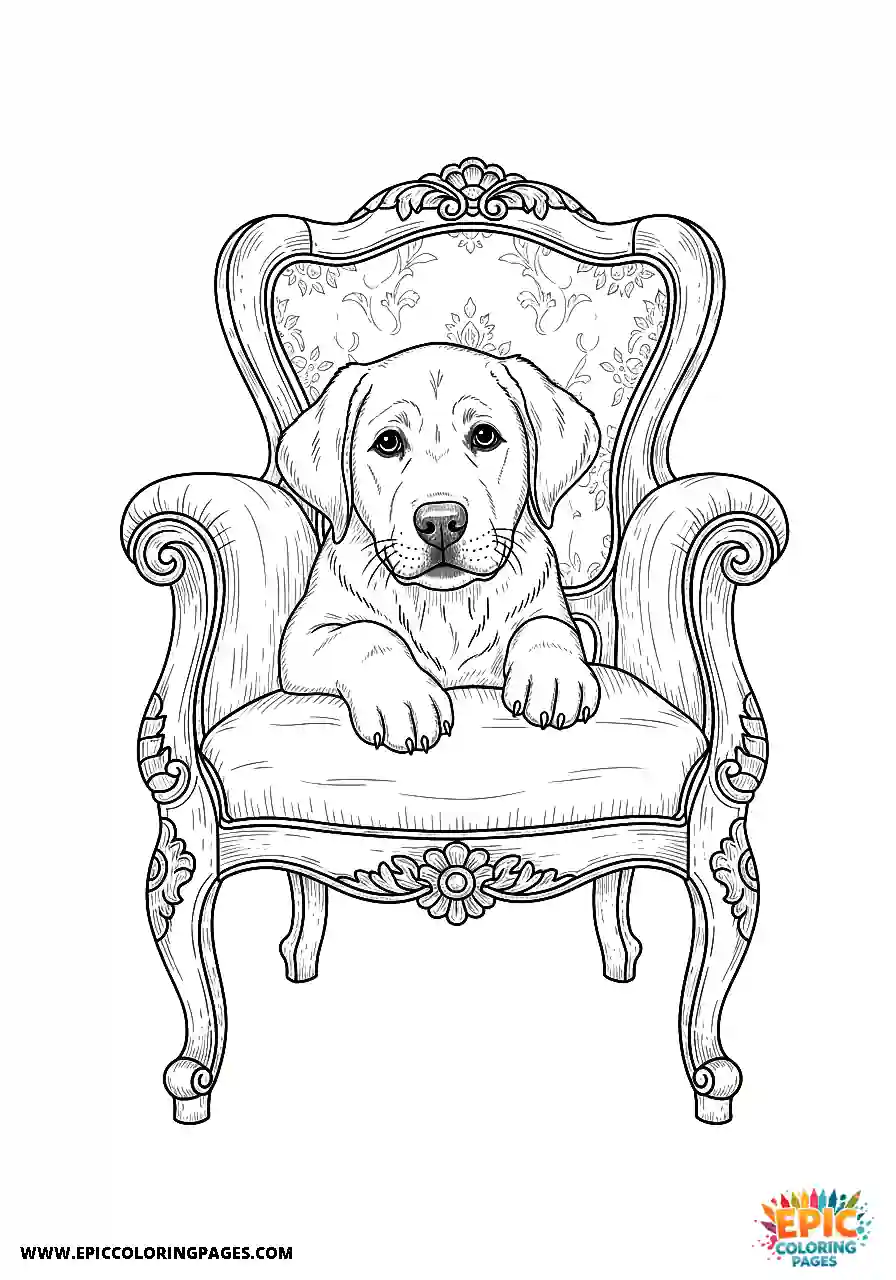 Labrador Retriever Dog Puppy Coloring Sheets Realistic Style For Adults Hiding Behind Furniture A Labrador Retriever dog puppy coloring sheet realistic style for adults hiding behind furniture.