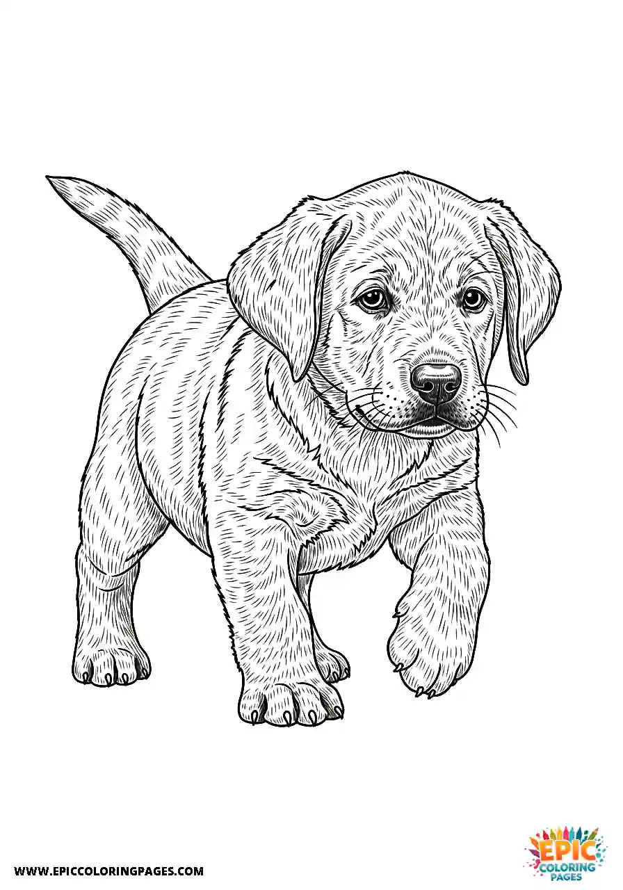 Labrador Retriever Dog Puppy Coloring Sheets Realistic Style For Adults Taking Its First Wobbly Steps A Labrador Retriever dog puppy coloring sheet realistic style for adults taking its first wobbly steps.