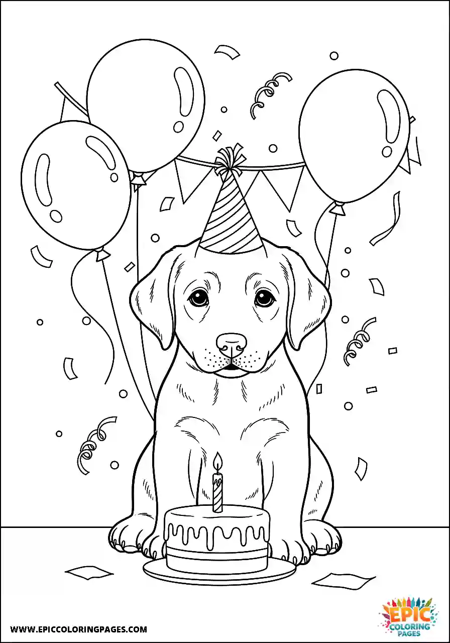 Labrador Retriever Dog Puppy Manga Style Blowing Out Candles On A Cake A Labrador Retriever dog puppy coloring sheet manga style blowing out candles on a cake with thick lines.