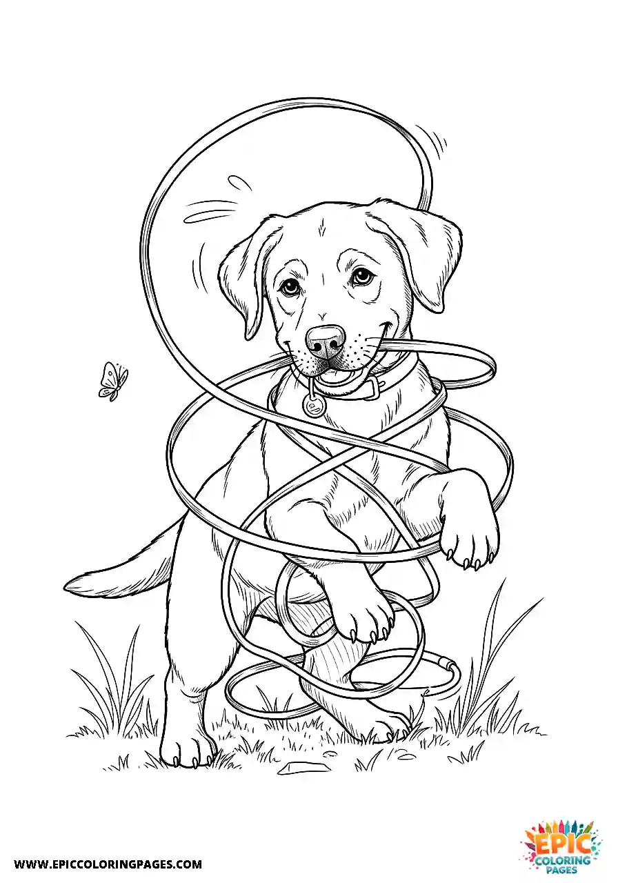 Labrador Retriever Dog Puppy Manga Style Caught In A Walking Lead A Labrador Retriever dog puppy coloring page manga style easy caught in a walking lead.