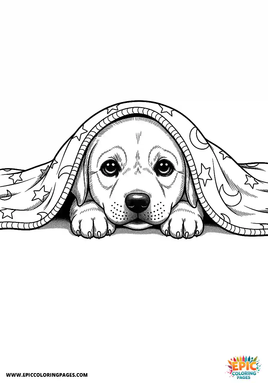 Labrador Retriever Dog Puppy Manga Style Covered By A Warm Sheet A Labrador Retriever dog puppy coloring sheet manga style for kids covered by a warm sheet.