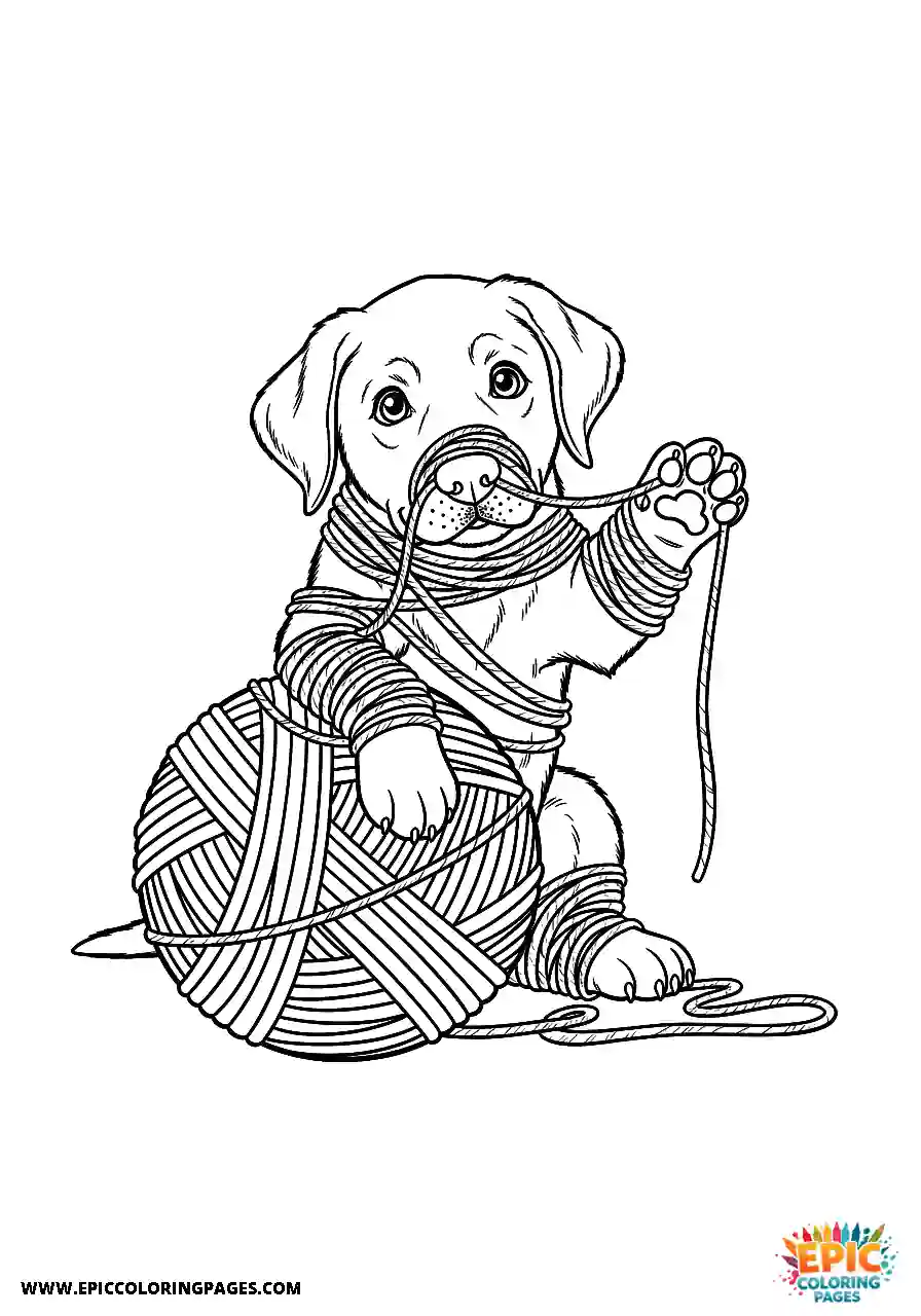 Labrador Retriever Dog Puppy Manga Style Tangled In Knitting Wool A Labrador Retriever dog puppy coloring page manga style cute tangled in knitting wool.