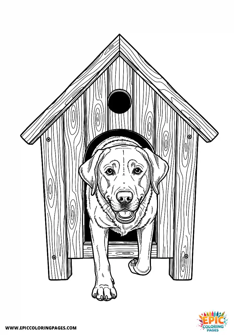 Labrador Retriever Labrador retriever realistic style emerging from a doghouse