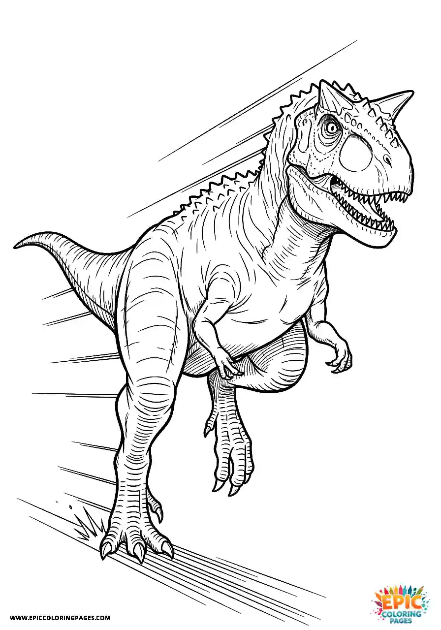 Manga style carnotaurus dinosaur captured mid stride coloring sheet