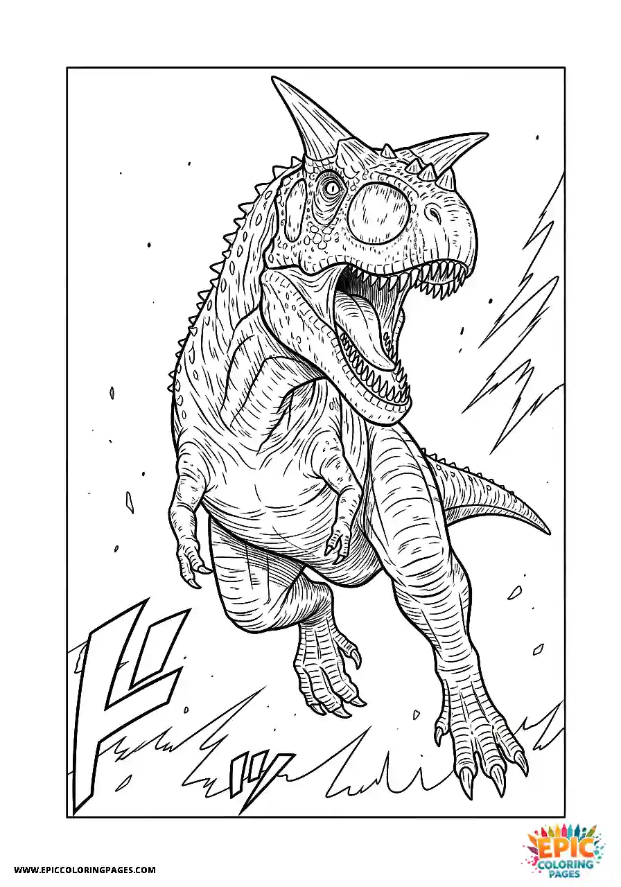 Manga style carnotaurus dinosaur leaping high into the air coloring sheet bold line