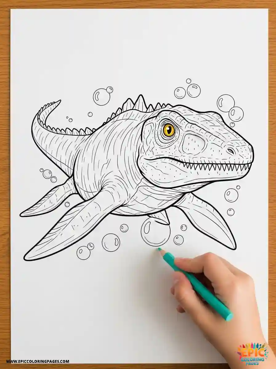 Mosasaurus Dinosaur coloring Page featuring clear thick lines and a creative pop of color effect on the eye