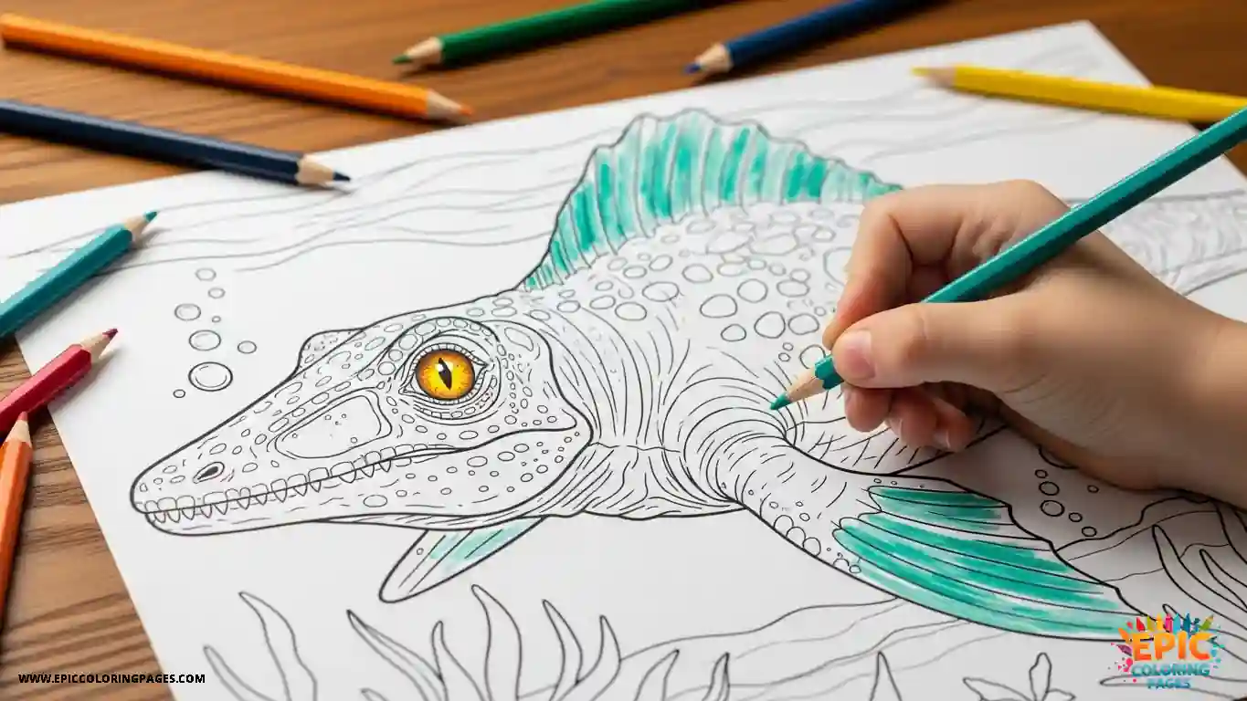 Mosasaurus Dinosaur coloring Sheet thick lines with selective touch of color for kids