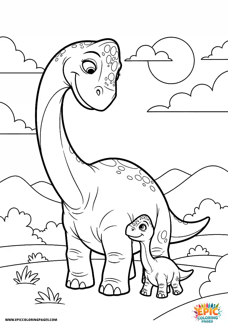 Brontosaurus Mother Brontosaurus walking with her baby