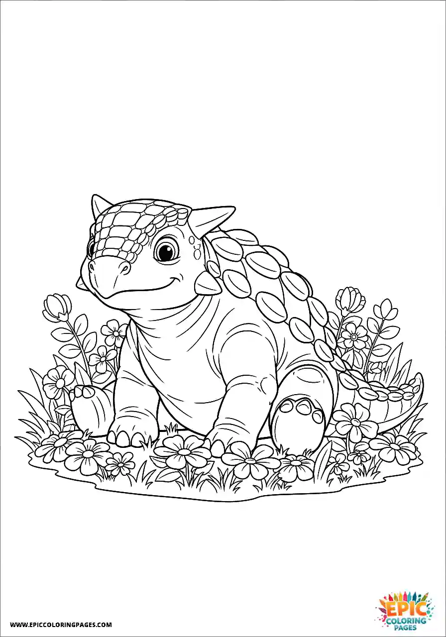 Ankylosaurus Peaceful animation style Ankylosaurus dinosaur resting in a flower field