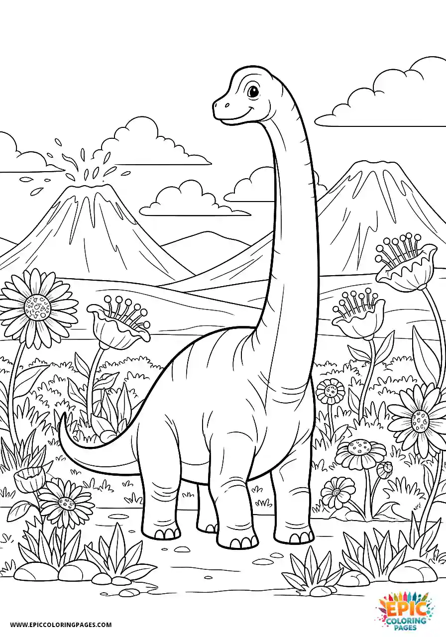 Brachiosaurus prehistoric floral meadow surrounding a realistic brachiosaurus