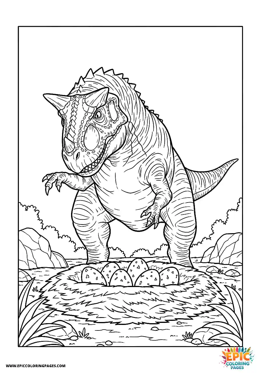 Protective carnotaurus dinosaur guarding its nest for kids free printable