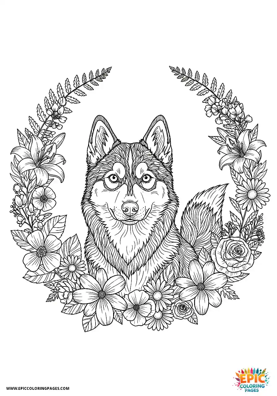 Alaskan Klee Kai Realistic art Alaskan Klee Kai dog portrait in a floral wreath