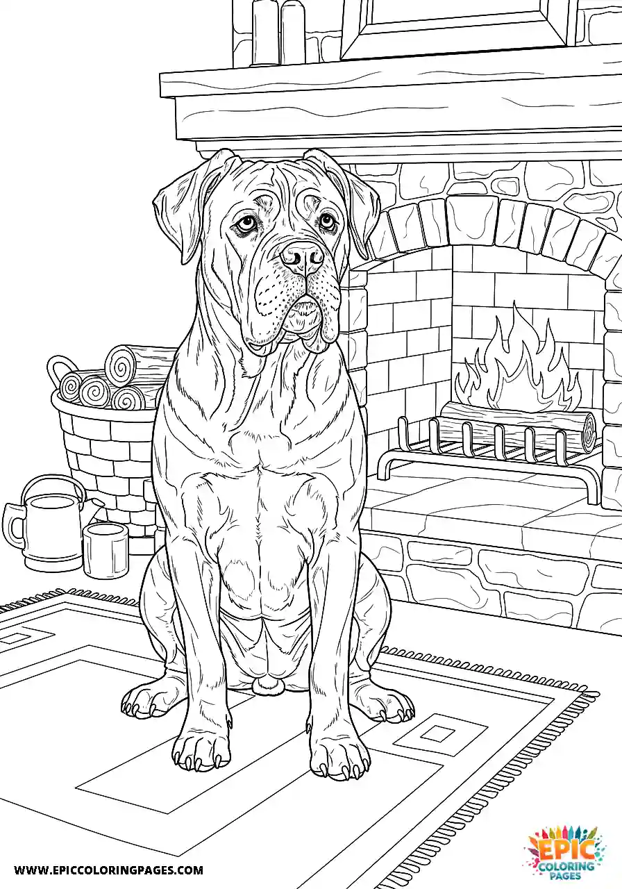 Realistic Cane Corso Dog Resting Comfortably Near A Fireplace Realistic Cane Corso dog resting comfortably near a fireplace