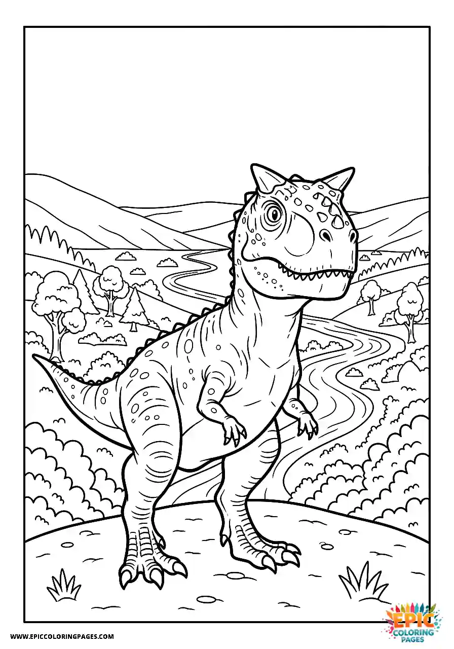 Realistic carnotaurus dinosaur looking out over a valley free printable for adults