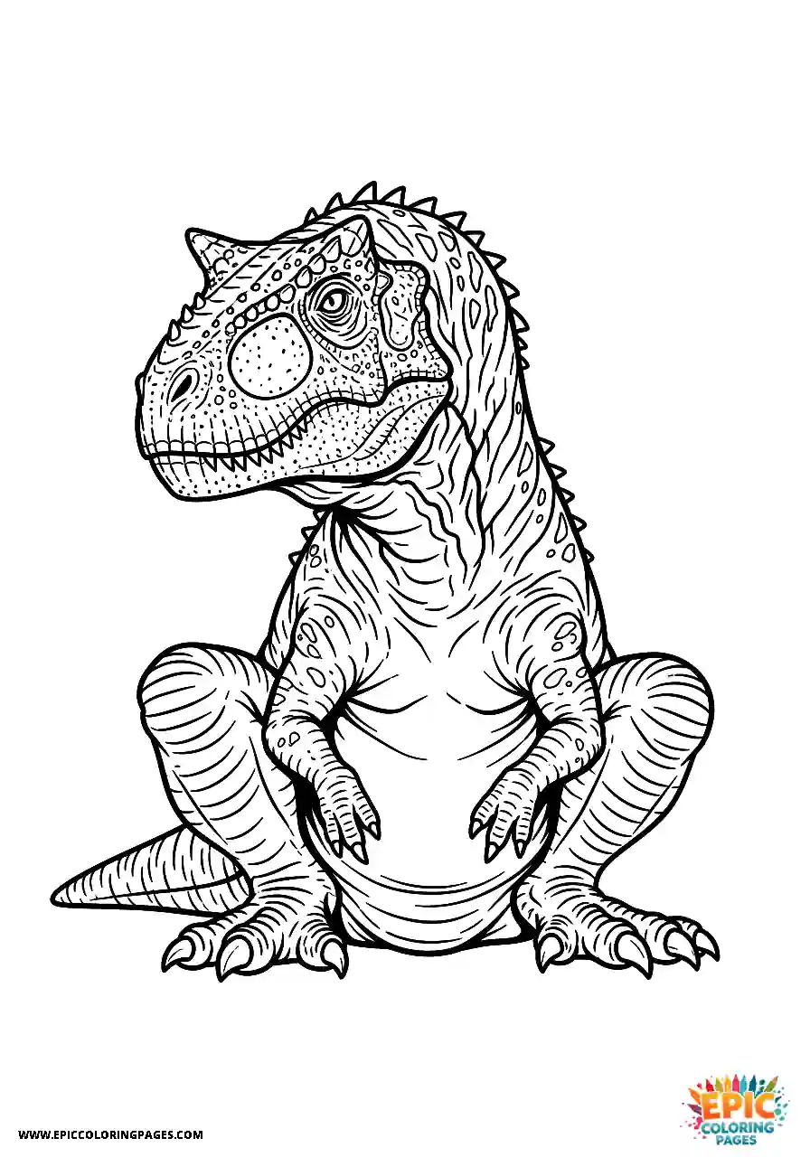 Realistic carnotaurus dinosaur sitting down to rest coloring page for adults