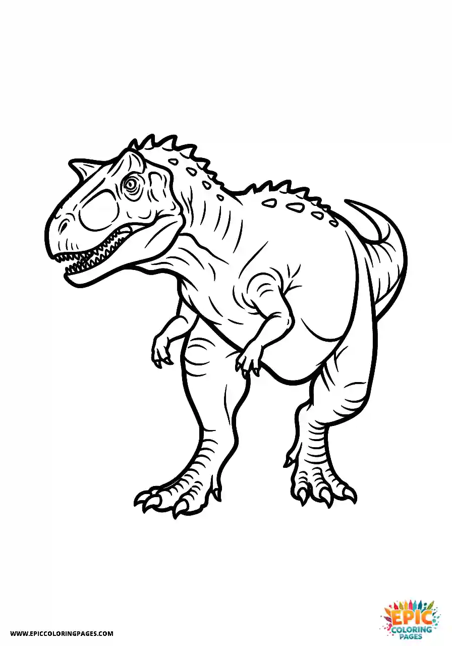 Realistic carnotaurus dinosaur turning quickly in a dynamic pose coloring sheet for adults