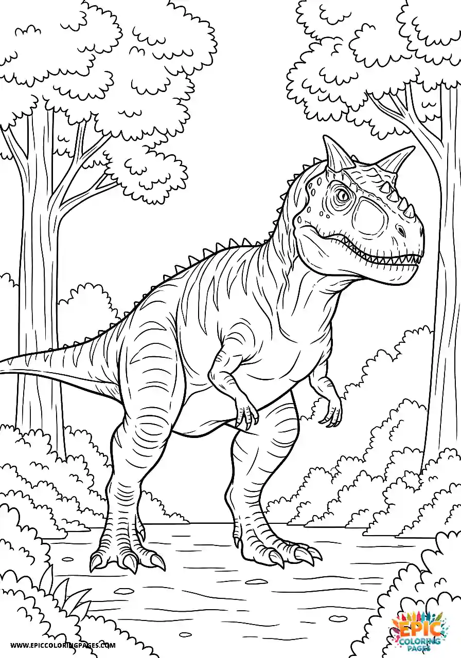 Side view outline of a carnotaurus dinosaur with thick lines coloring sheet