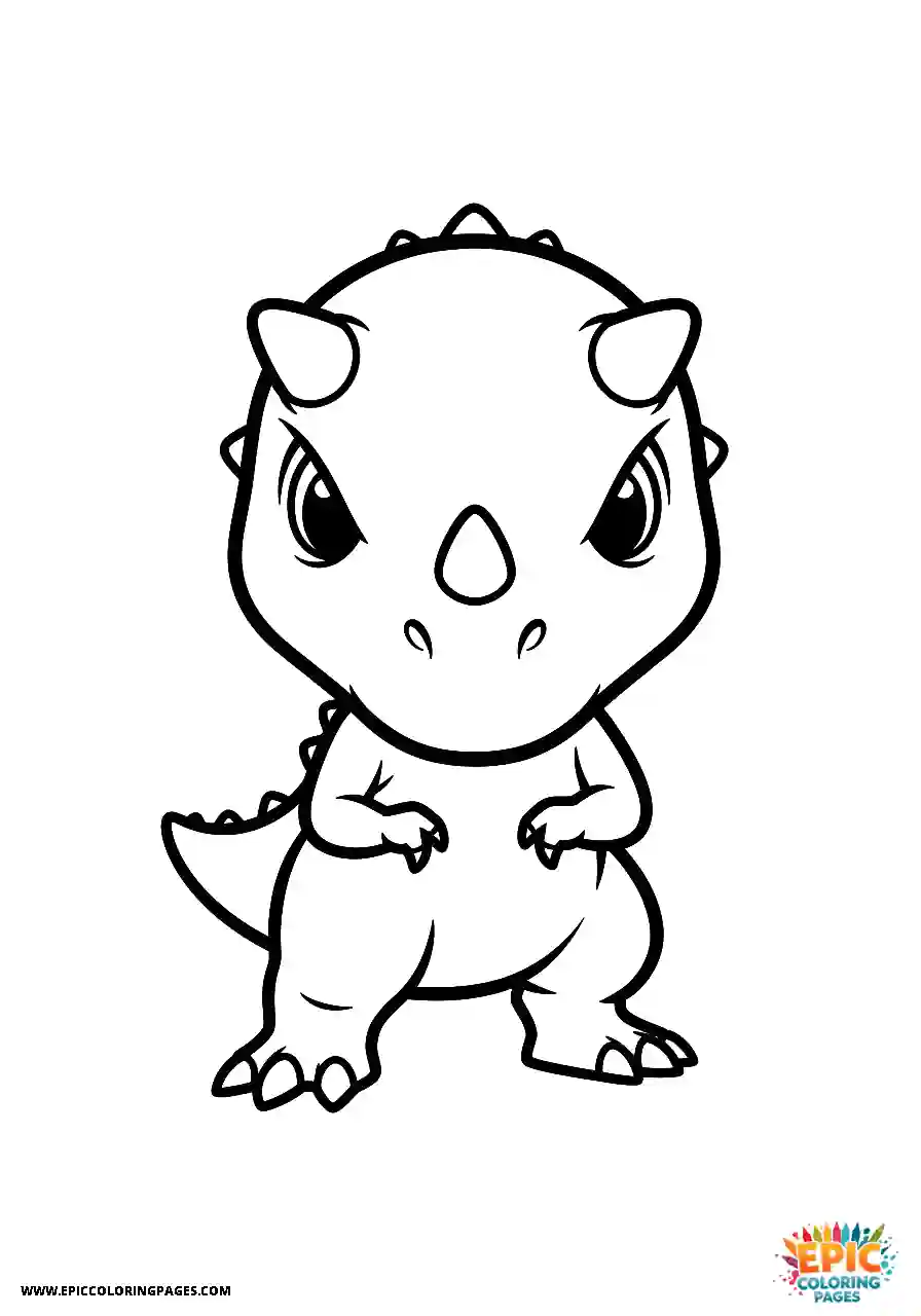 Simple chibi style carnotaurus dinosaur in a protective posture coloring sheet for kids