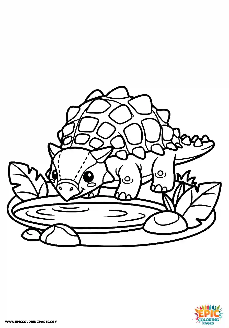 Ankylosaurus Simple Kawaii style Ankylosaurus dinosaur at a waterhole thick lines