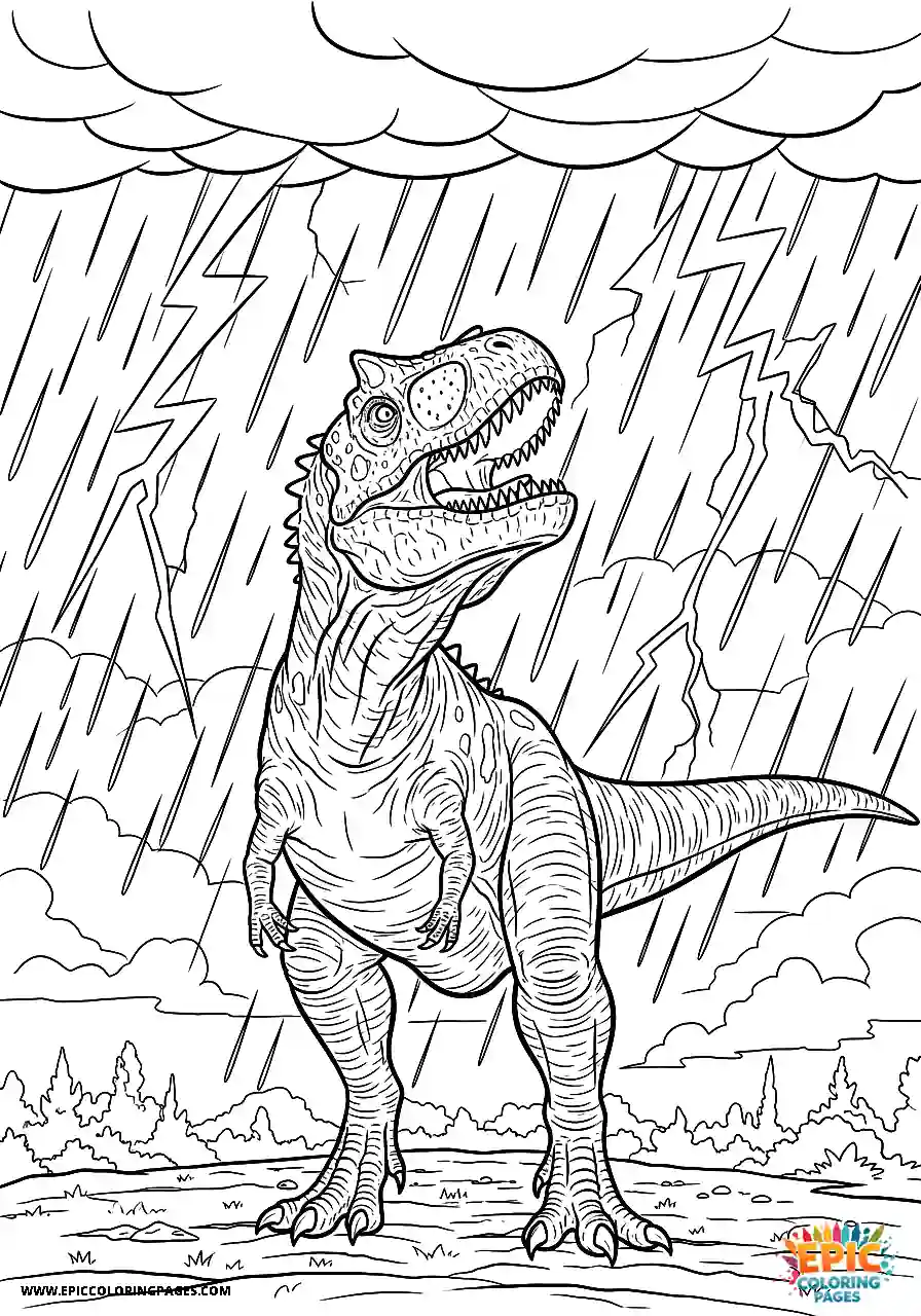 Stormy scene with a roaring carnotaurus dinosaur coloring page