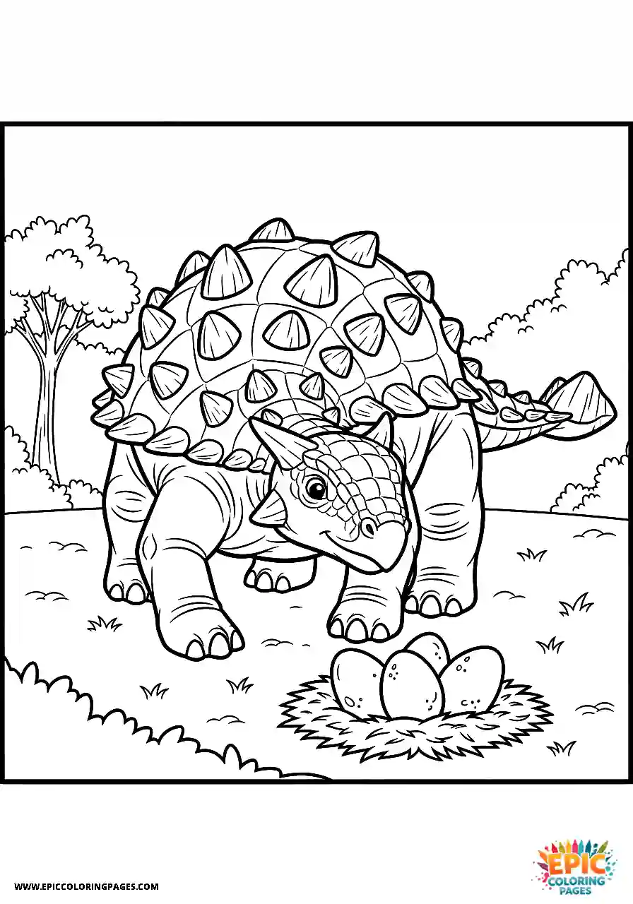 Ankylosaurus Watchful cartoon style Ankylosaurus dinosaur guarding eggs bold outlines