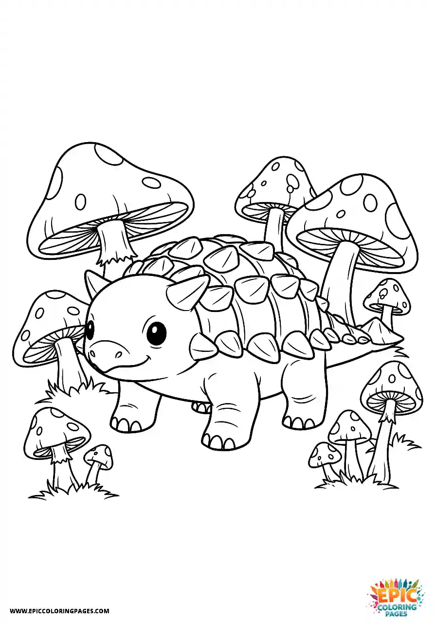 Ankylosaurus Whimsical anime style Ankylosaurus dinosaur amidst giant fungi