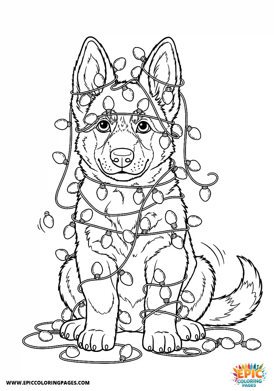 German Shepherd The adorable german shepherd puppy tangled in festive christmas lights