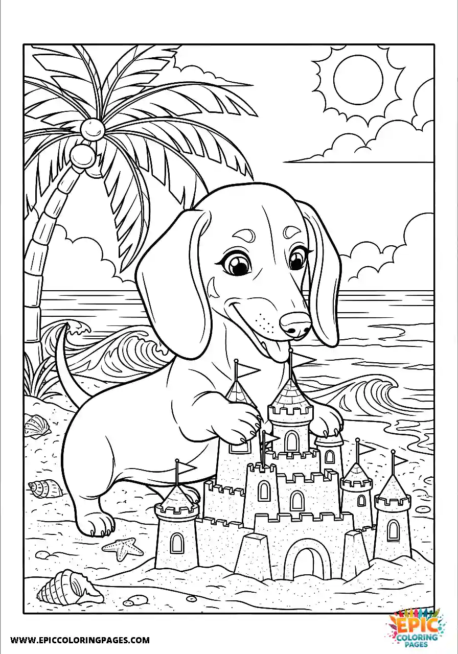 Dachshund Dachshund anime style making a sand castle near the ocean