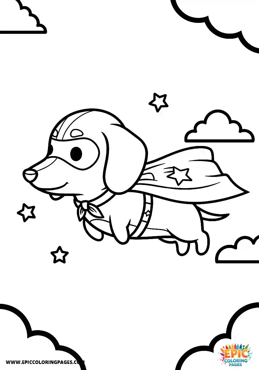 Dachshund Dachshund chibi style soaring through the air in a cape