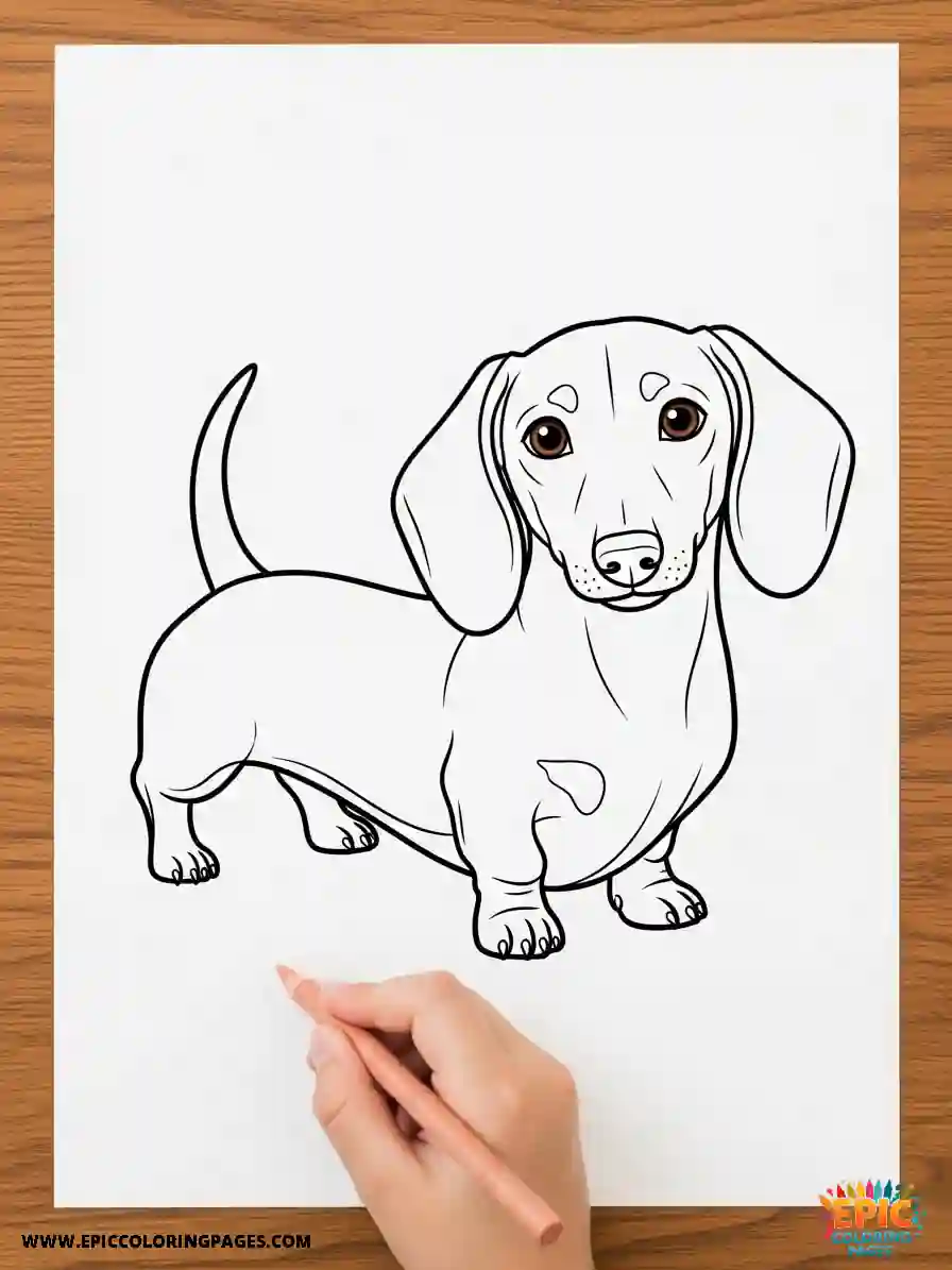 Dachshund coloring Page with thick lines showing a cute dachshund dog in a simple, easy-to-color outline