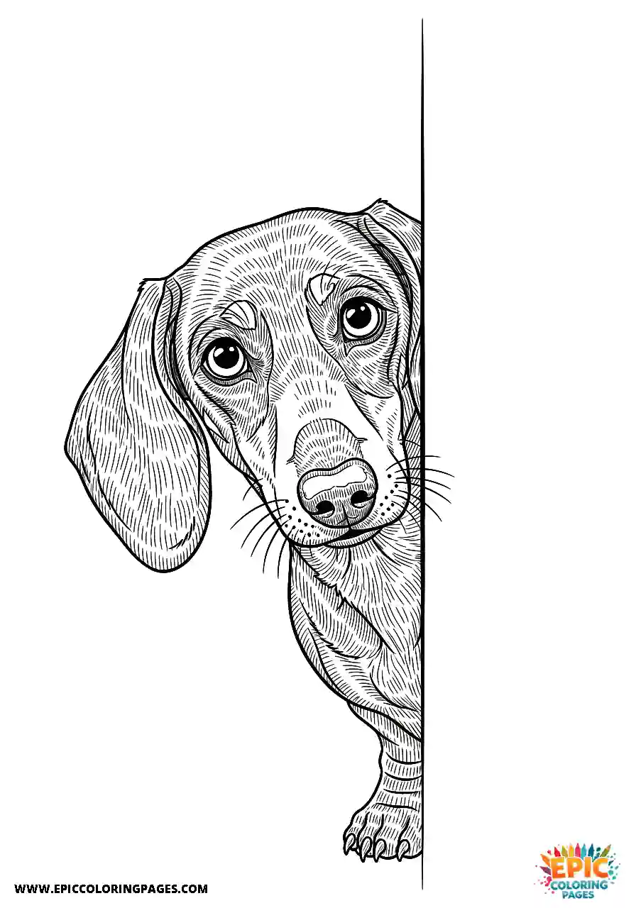 Dachshund Dachshund peeking cautiously around a corner realistic style