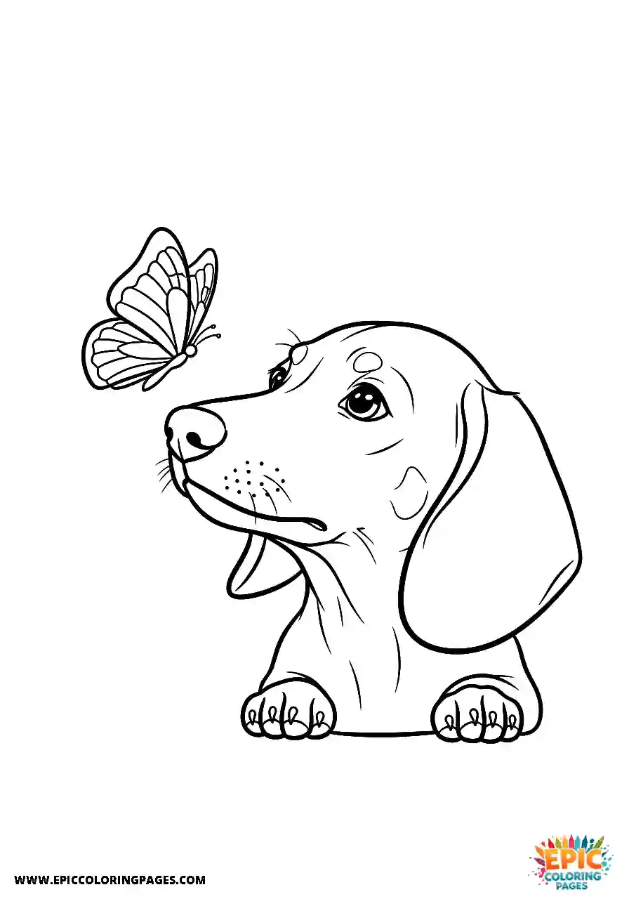 Dachshund Dachshund puppy looking curiously at a butterfly line art