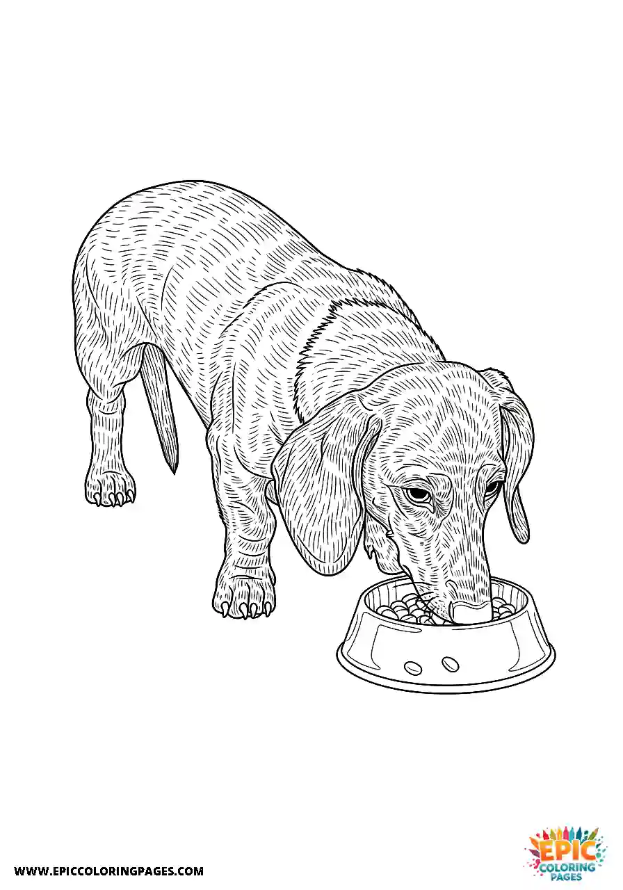 Dachshund Dachshund realistic style enjoying a meal from a bowl
