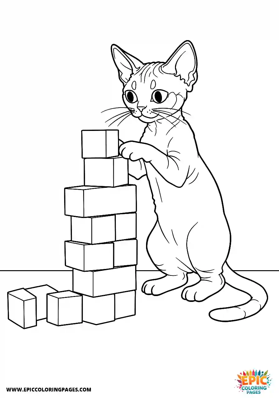Devon Rex The devon rex cat constructing a tower of blocks in cartoon style
