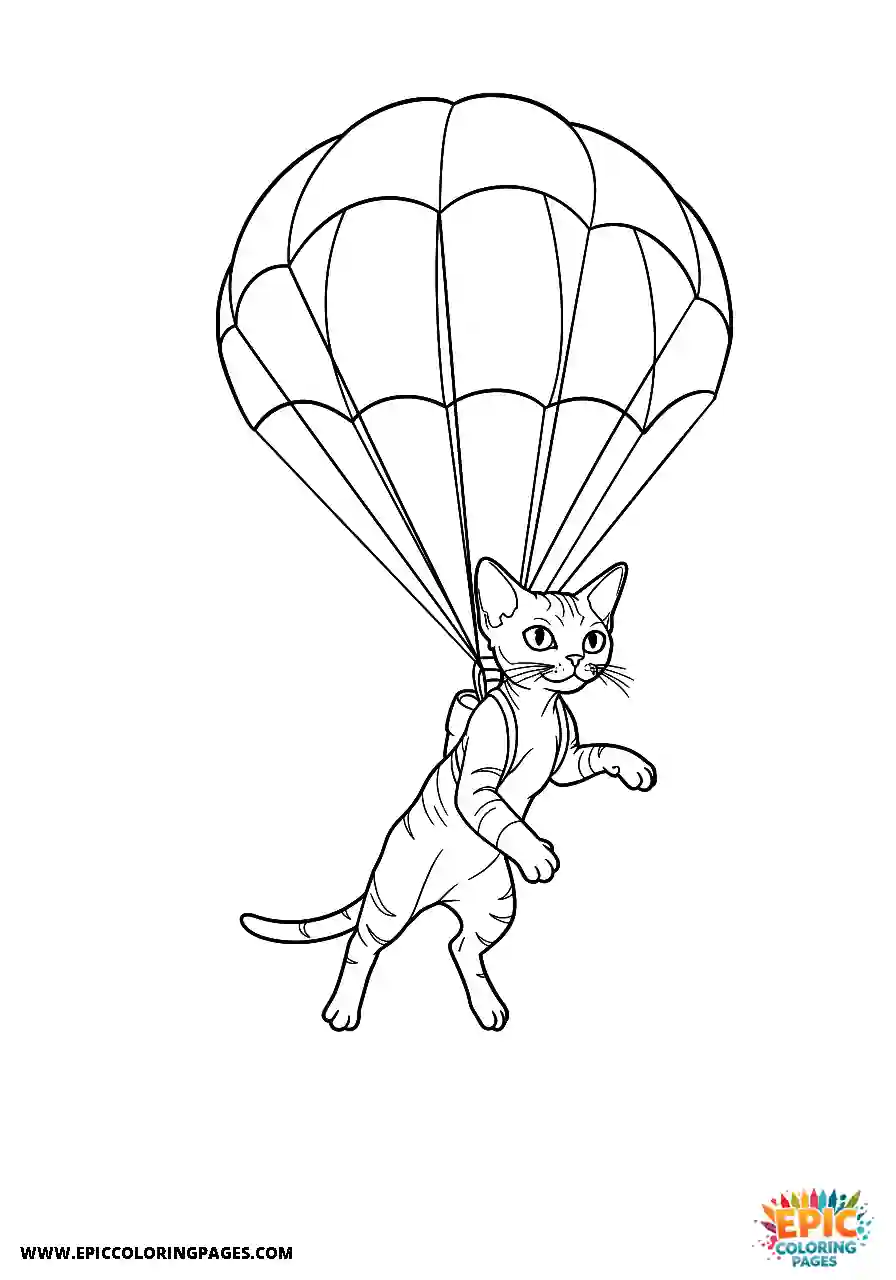 Devon Rex A devon rex cat flying with a tiny parachute in a heroic pose