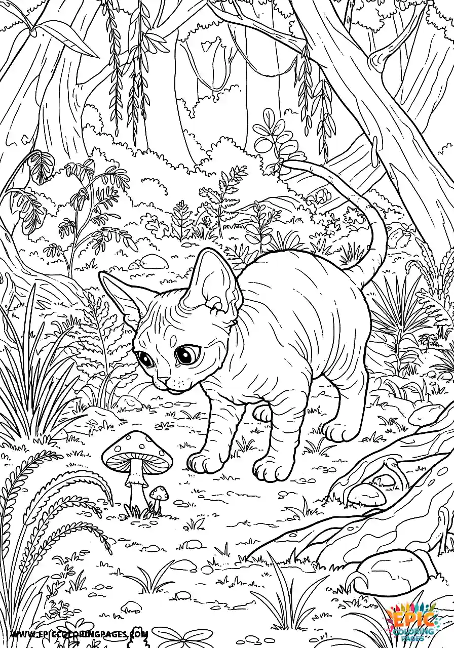 Devon Rex Devon rex cat investigating a tiny mushroom in an enchanted forest