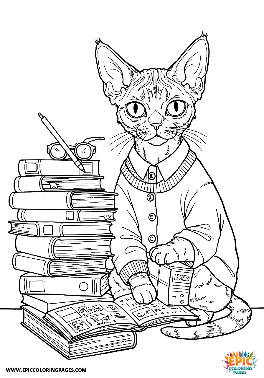 Devon Rex A devon rex cat looking studious with a pile of books