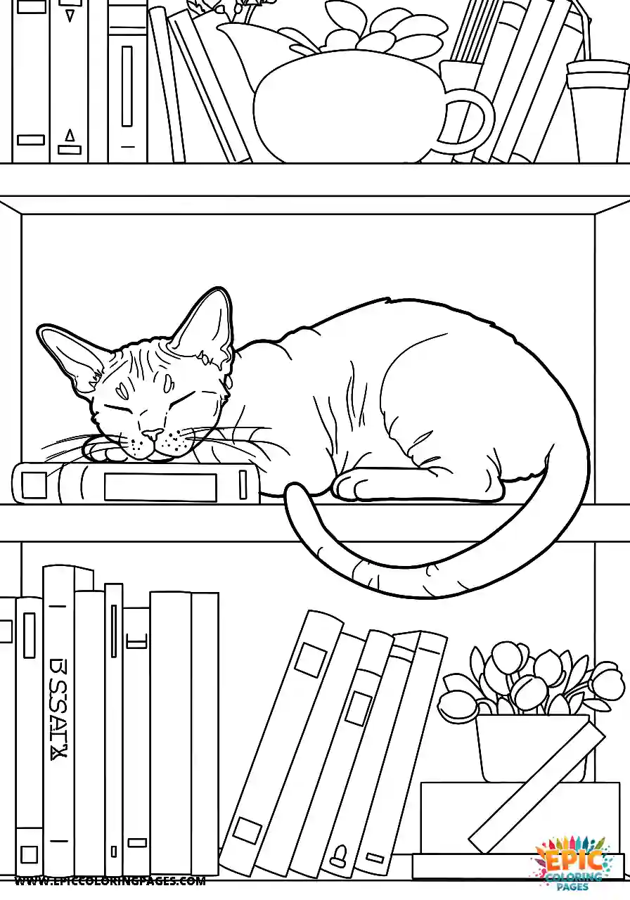 Devon Rex Devon rex cat napping on a bookshelf seen from a unique angle below