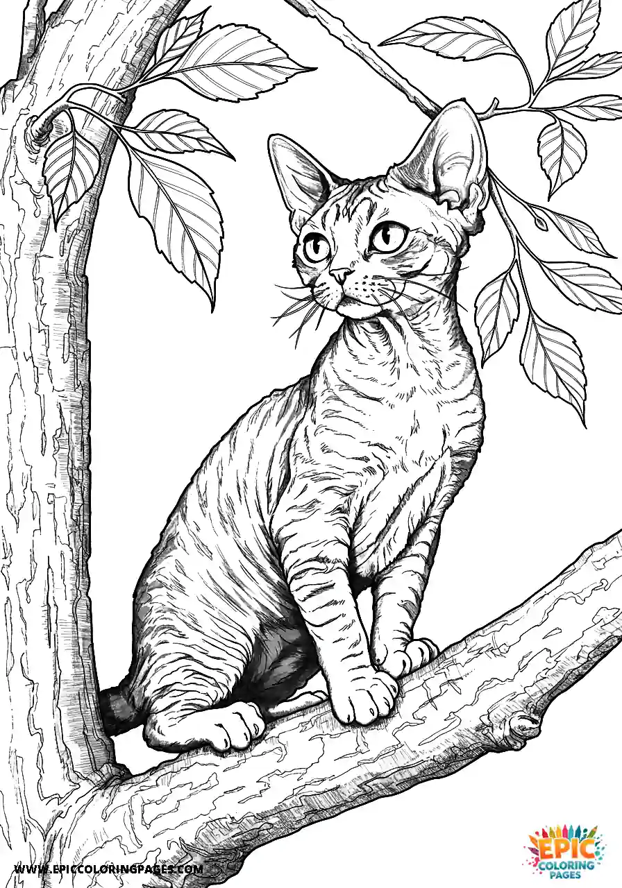 Devon Rex Devon rex cat perched observing from a tree branch