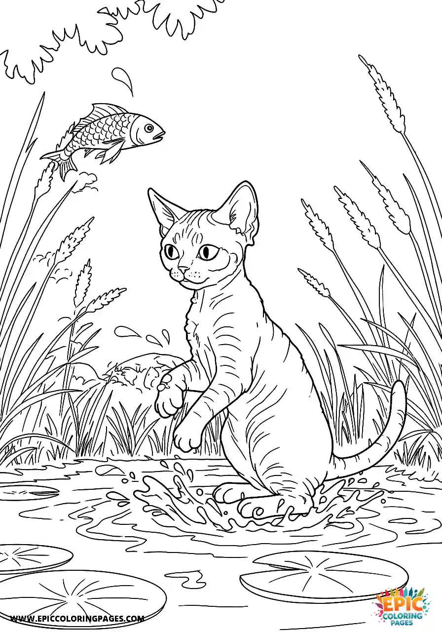 Devon Rex Devon rex cat trying to catch fish in a splashing pond